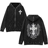 Lytiarul Vintage Goth Punk Zip Up Hoodies for Men Grunge Streetwear Oversized Gothic Cross Graphic Acid Wash Sweatshirt Tops