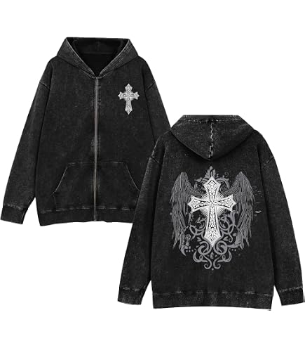 YUNZSXJY Womens Men Zip Up Grunge Hoodie Cross Print Jacket