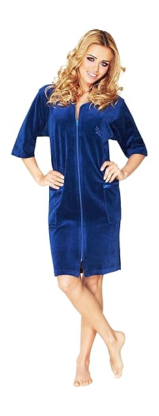 Damen Leichte Baumwolle Bademantel, Kurz Lange, Armel Und Reissverschluss Schliessen