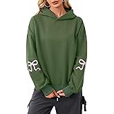 Livtany Women's Bow Trim Print Fleeced Hoodies Oversized Long Sleeve Hooded Sweatshirts Graphic Drop Shoulder Pullover Top