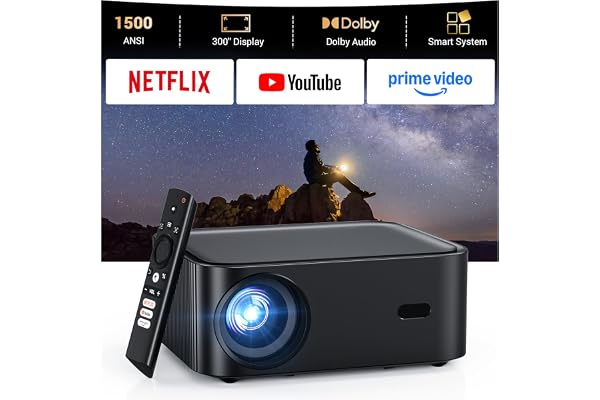 1500 ANSI lumens built-in streaming app full HD smart projector, HAPPRUN 4K projector, supports Wi-Fi and Bluetooth, Dolby audio, 300-inch large screen, suitable for home, outdoor, and indoor viewing