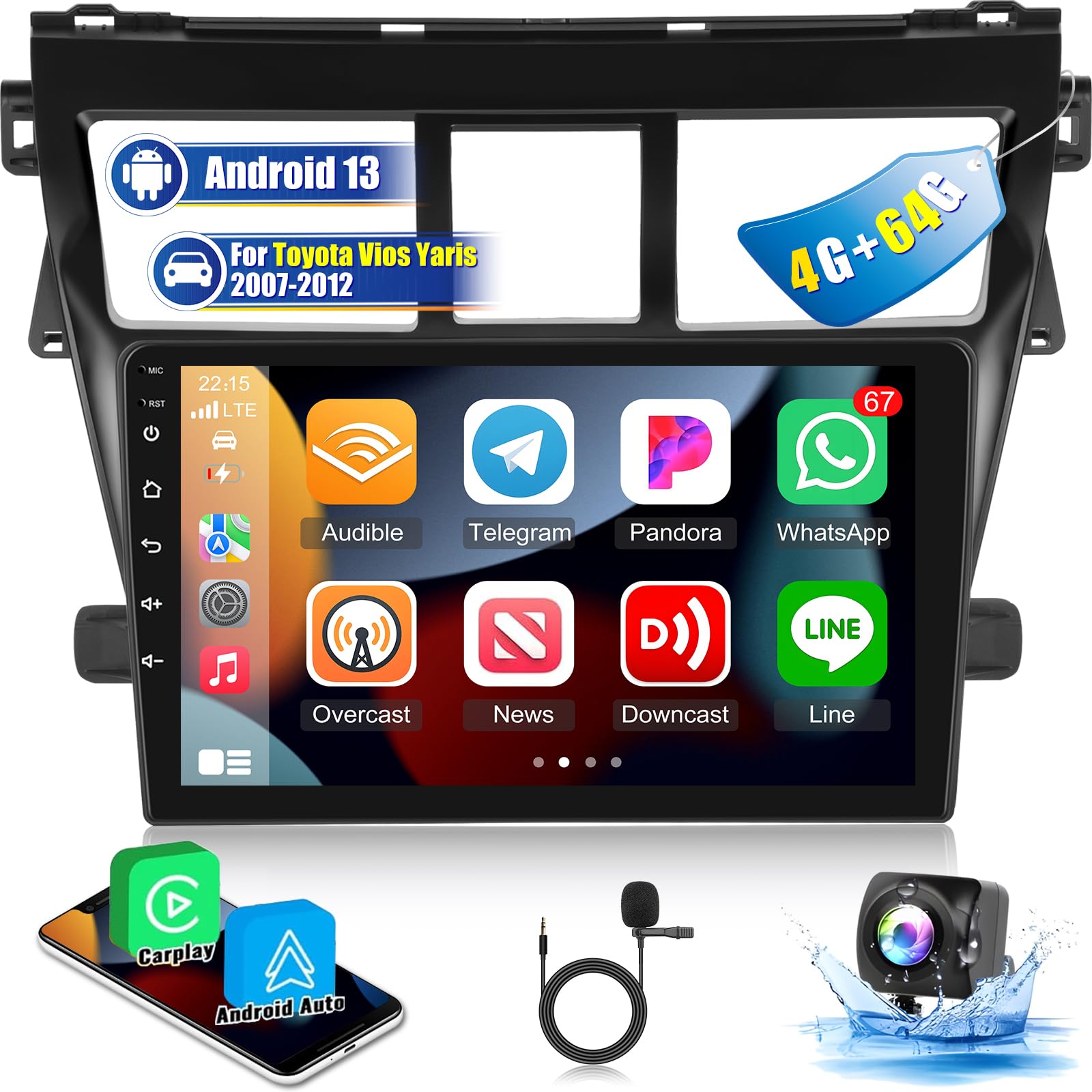 Photo 1 of [4+64G] Android Car Radio for Toyota Vios Yaris 2007-2012 - Wireless Carplay and Android Auto - 9 Inch 1280 * 720 HD Touchscreen Car Stereo - 32 EQ/WiFi/GPS Navi/SWC + AHD Backup Camera