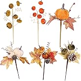 Lcuasc 6pcs Fall Floral Picks 8-11.5" Autumn Pumpkin Picks Maple Leaves Stems Artificial Fall Flower for Harvest Halloween Thanksgiving Christmas DIY Table Centerpiece Farmhouse Home Decor