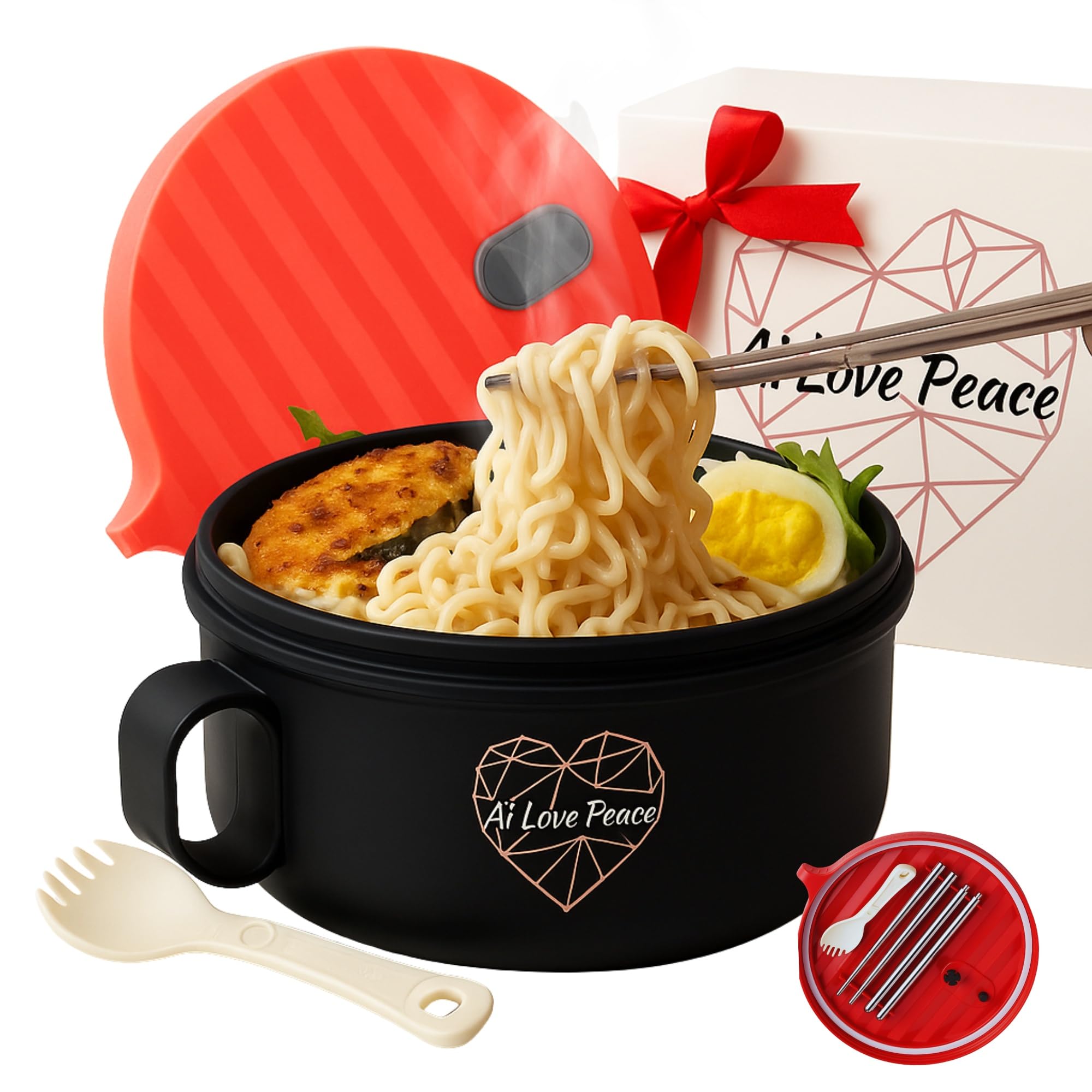 Photo 1 of AI LOVE PEACE Microwaveable Ramen Noodle Bowl Cooker 40oz for Ramen, Rice, Pho, Soup, and Pasta, Dishwasher Safe and Portable, Ideal for Home, Office, Dorm, or Gift (Red)