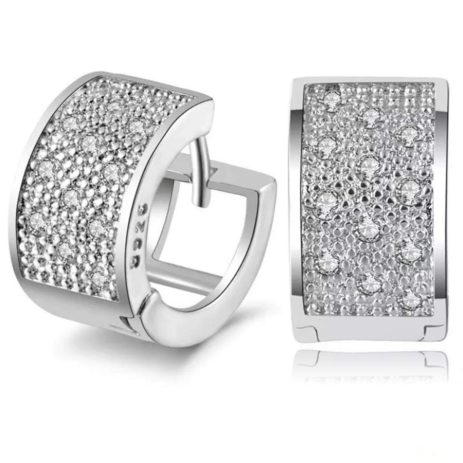 AT Jewellery - 925 Sterling Silver Unisex Pave CZ Cubic Zirconia Wide Huggie Hoop Earrings