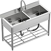 2-Compartment Commercial Sink Large Stainless Steel Utility Sink | Free Standing Kitchen Sink Double Bowl with Pull-out Faucet for Restaurant Garage Shop Cafe Outoor, 21.7"D x 47.2"W x 37"H