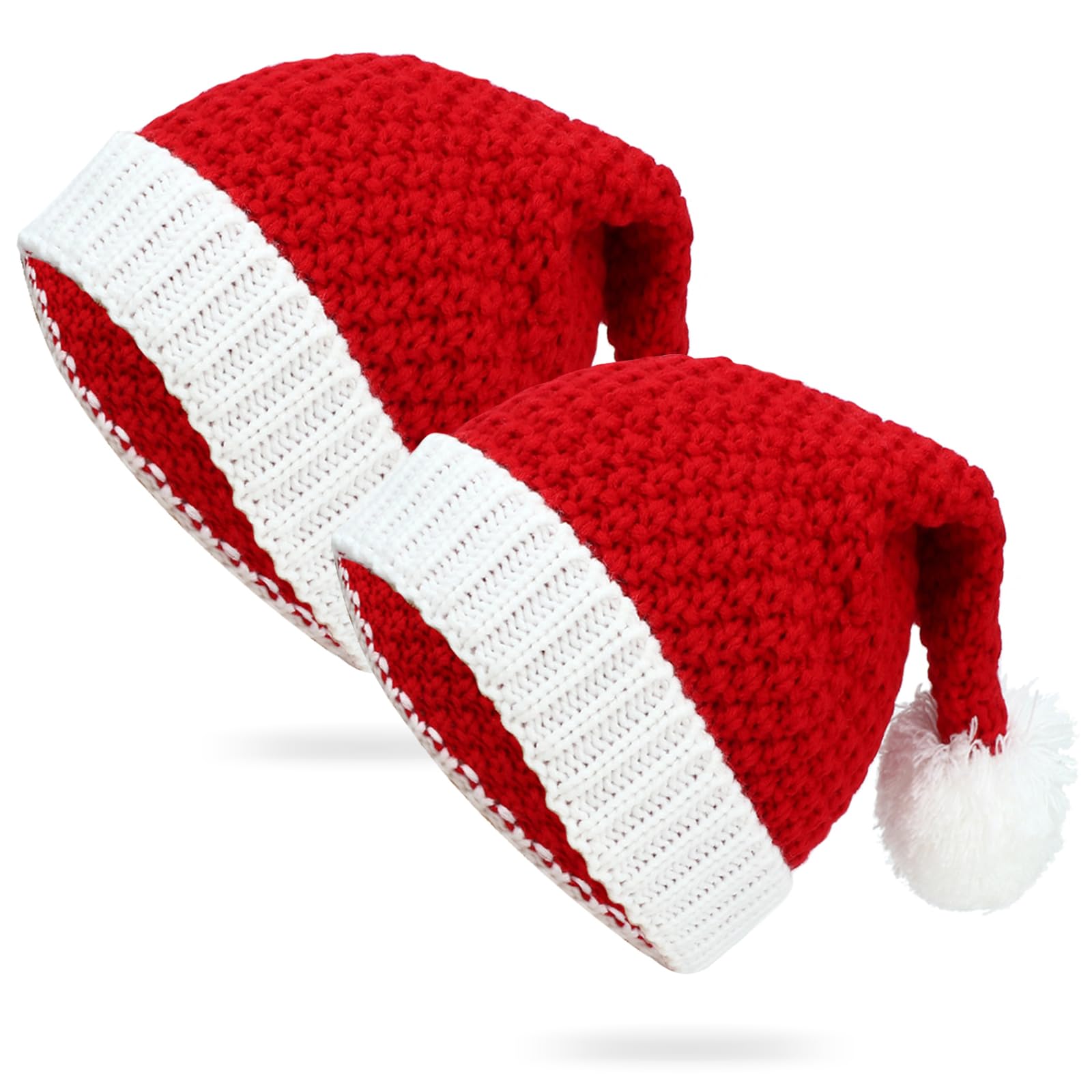 Qixuer 2 Pcs Knitted Christmas Hats,Santa Hat,Christmas Hat for Adults and Children,Red Santa Hat Elastic Soft Unisex Christmas Elf Knitted Hat Winter Warm Hat with for Kids Adult Christmas Party