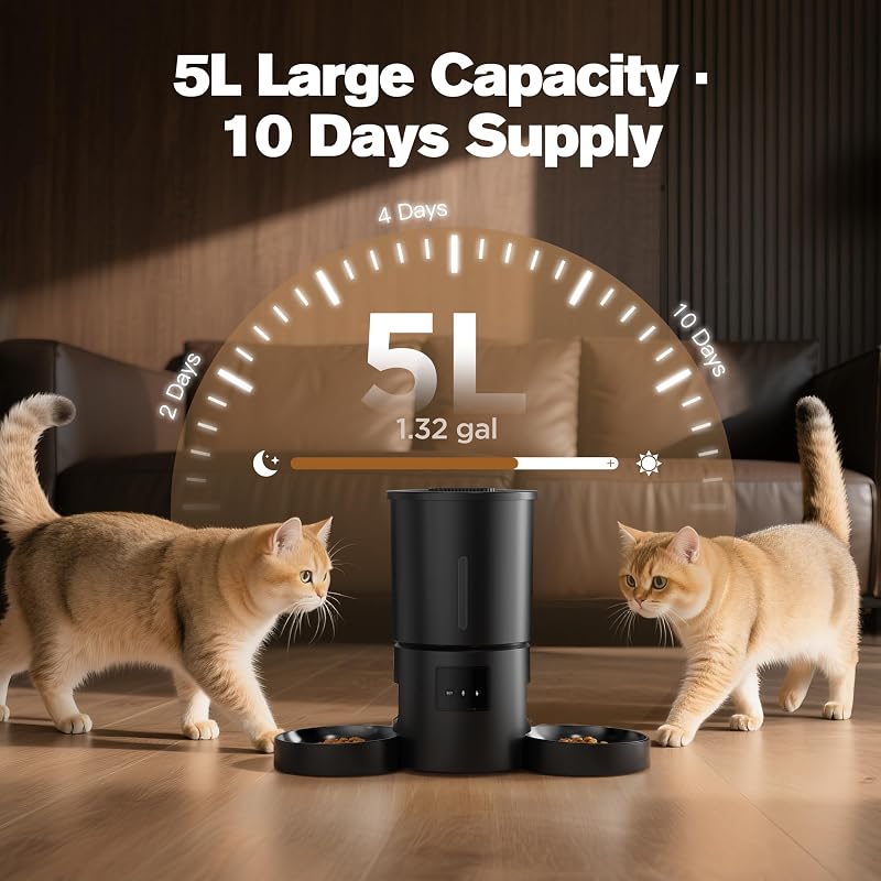 Distributeur Croquettes Chat Automatique Double: Distributeur Automatique de Croquettes Chien/Chat 5L avec Minuterie WiFi 2.4G - Design Double Gamelle AONBOY avec APP pour Multi-Chats & Chiens - Noir