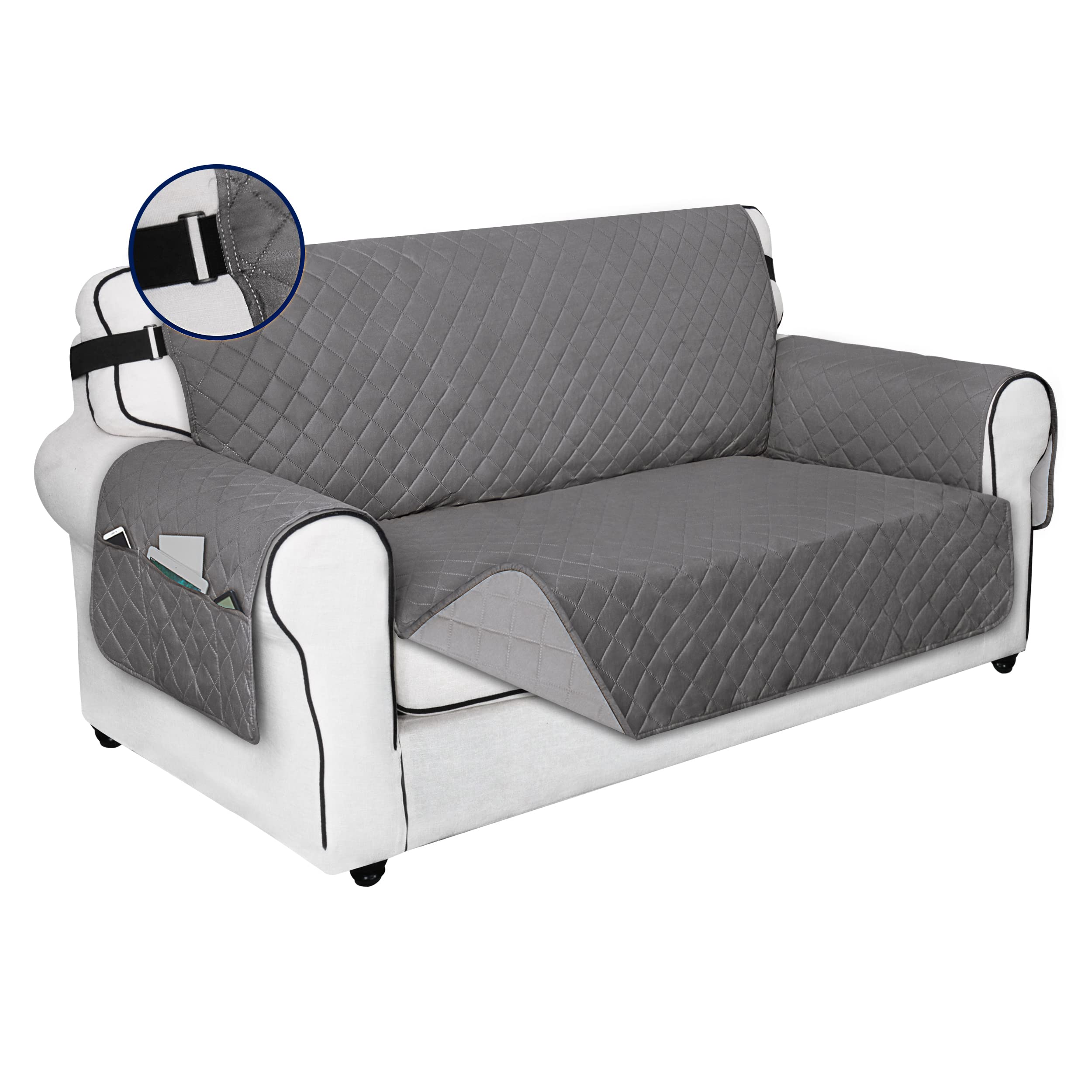 Photo 1 of PureFit Reversible Sofa Cover Water Resistant Loveseat Couch Cover, Machine Washable Furniture Cover with Non-Slip Foam and Adjustable Strap for Dogs, Pets (Loveseat, Gray/Light Gray)