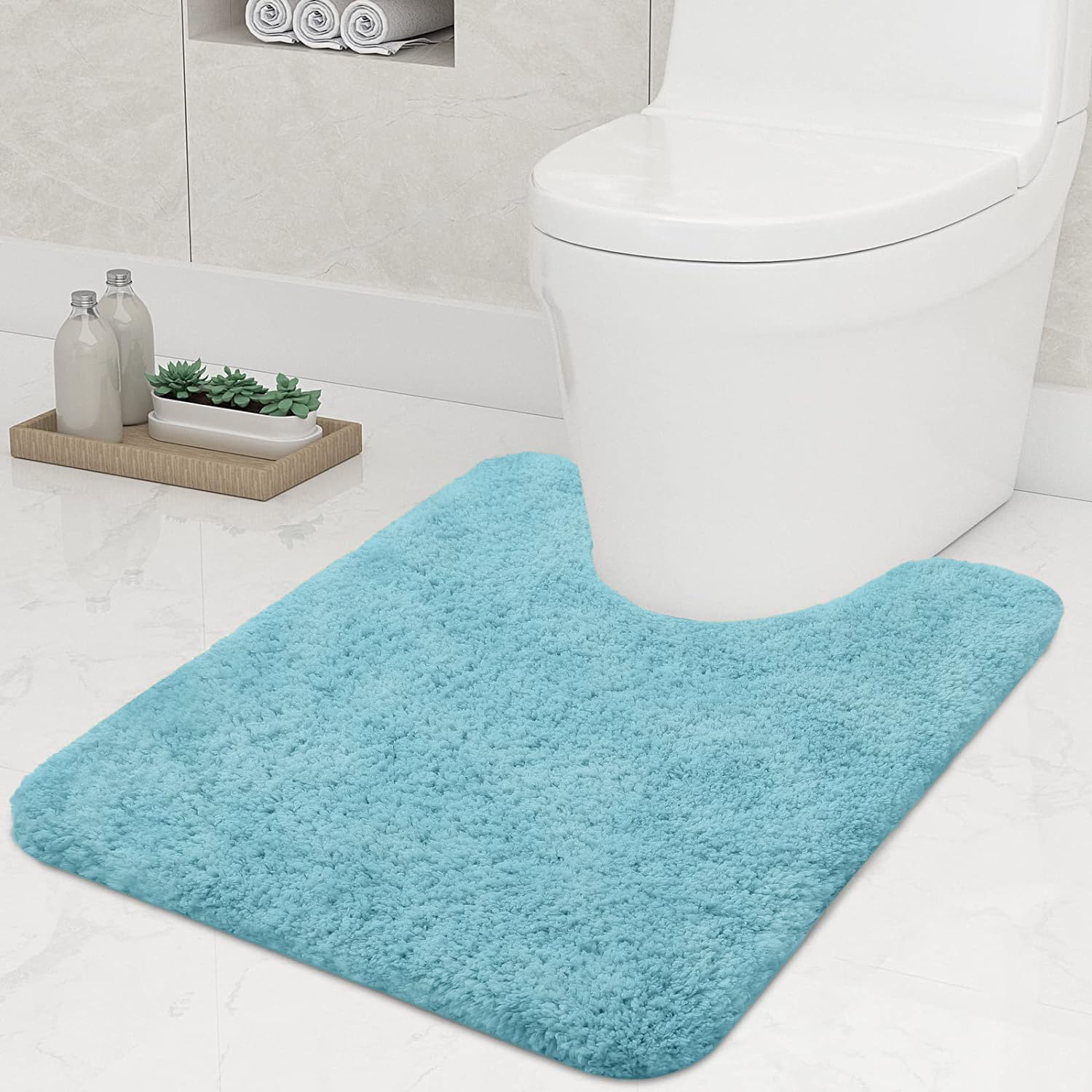 smiry U-Shape Toilet Mat, Extra Soft Pedestal Mat for Toilet, Absorbent Microfiber Toilet Bathroom Mats, 50 x 60 cm, Spa Blue