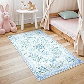 Collive 3x5 Nursery Rug, Boho Blue Floral Area Rugs Machine Washable, Soft Ultra-Thin Bow Carpet Non Slip for Girls Room Bedroom Entryway Playroom Living Room (Blue, 3' X 5')