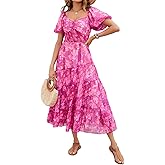 ABYOVRT Women Floral Maxi Dress Short Puff Sleeve V Neck Bohemian Flowy Dress Smocked Casual Spring Summer Dresses