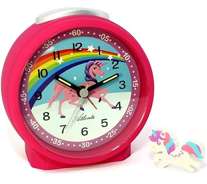 Atlanta Kinderwecker ohne Ticken für Mädchen Pink Einhorn mit Radiergummi - 1981-17RAD
