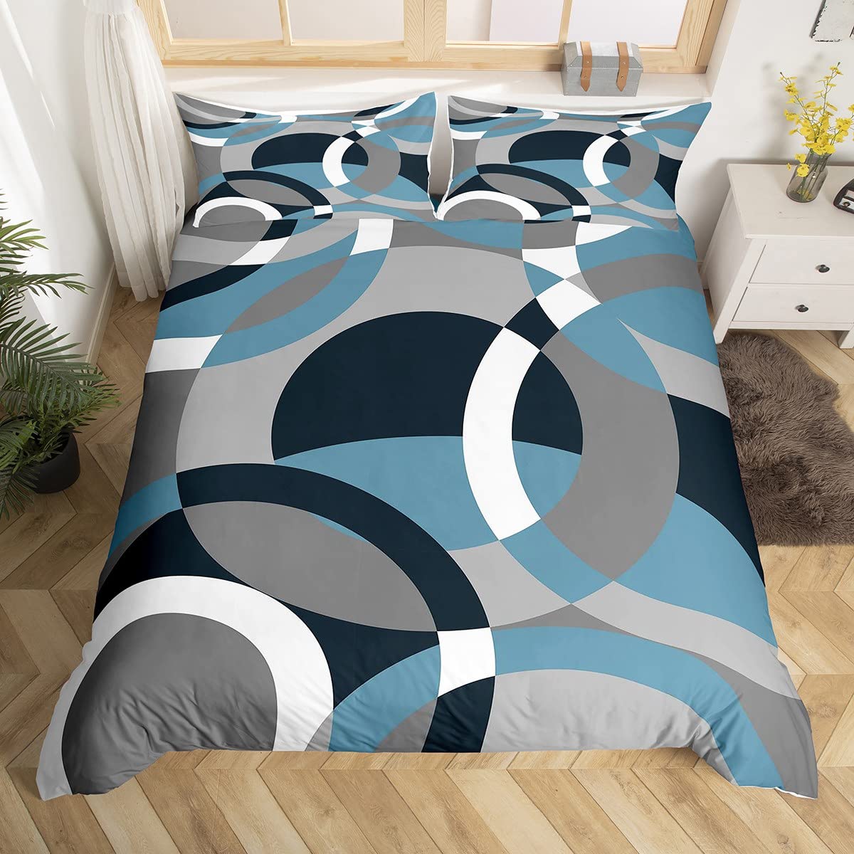 Loussiesd Circle Bedding Set Kids Blue Gray Swirl Comforter Cover Set for Women Men Adults Modern Stripes Duvet Cover Breathable Geometric Bedspread Cover Single Size