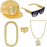 JTYKUYR 5PCS 80s 90s Hip Hop Costumes Outfit for Men, Punk Sunglasses Dollar Sign Baseball Cap Gold Chain Dollar Sign Chain Ring for Halloween Rapper Costumes Accessories