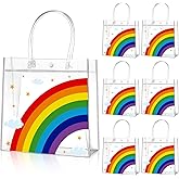 Aliceset 20 Pcs Clear Plastic Goodie Bags Party Treat Bags with Handles Rainbow Themed Favor Wrapping for Birthday Snack Candy Holiday Decoration Baby Shower Supplies, 8 x 8 x 3.15 Inch