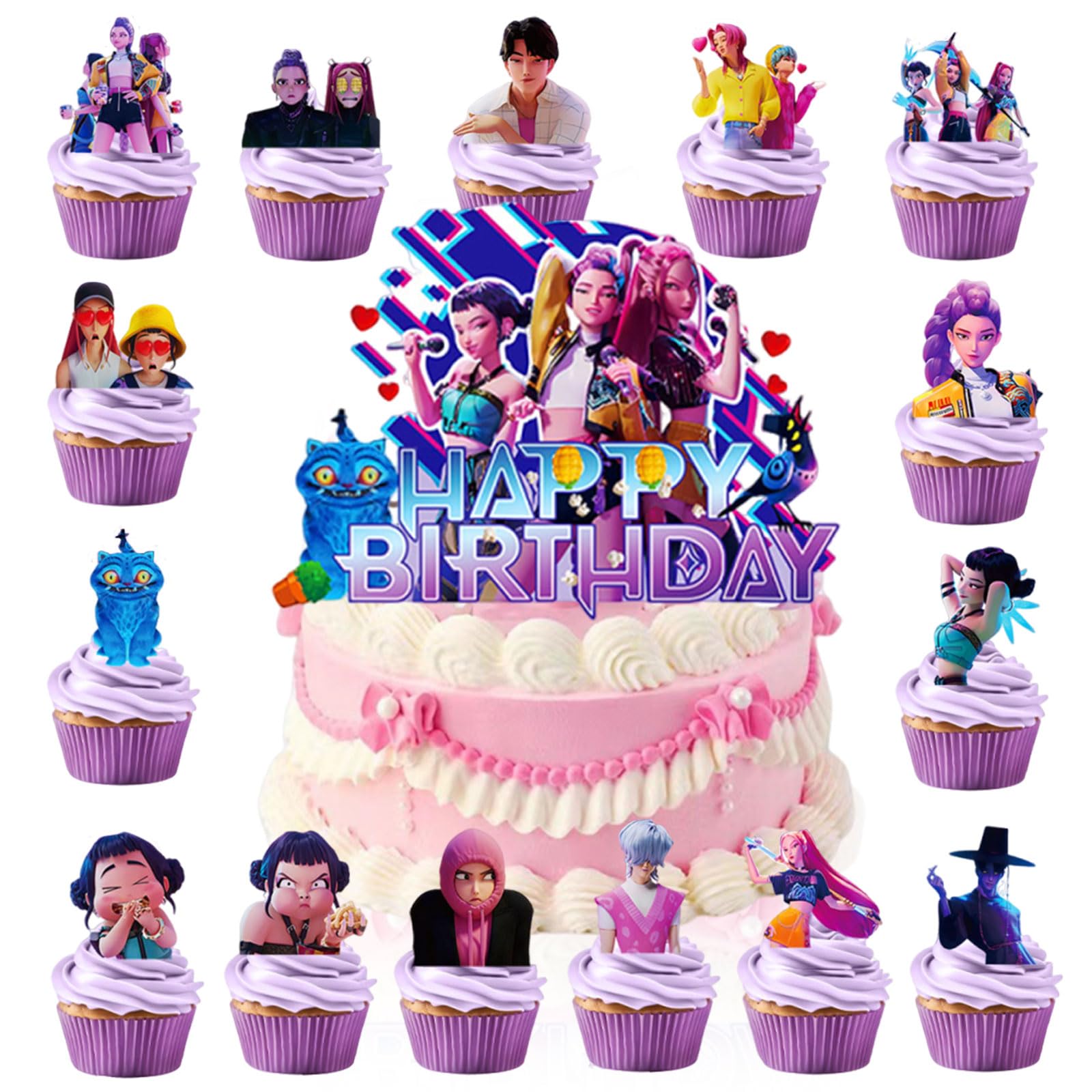 Photo 1 of 16Pcs Cute Anime Cake Decorations with 15pcs Cupcake Toppers, 1pcs Happy Birthday Cake Topper, Cartoon Themed Party Supplies, Perfect for Birthday Party Decorations