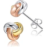 CHIC & ARTSY Love Knot Earrings 18K Gold Plated 925 Sterling Silver Tri-tone White,Yellow,Love Knot Stud Earrings Dainty 8mm 10mm High Polished Stud Earrings for Women