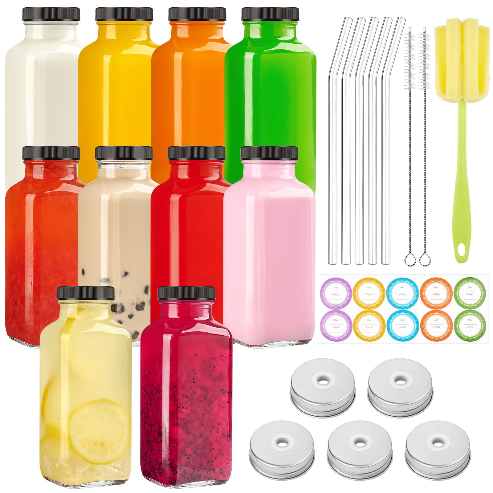 Photo 1 of TUZAZO 10 Pack 12 Oz Glass Juice Bottles with Lids, Reusable Travel Drinking Jars Juice Containers, Glass Bottles for Juicing with Brush, Straws, Lids with Hole