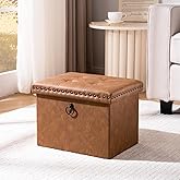 oakvivo Folding Storage Ottoman 16x12x12 inches, Small Faux Leather Foot Rest Stool with Button Tufted Rivet Design, Footstool Bench, Ottoman with Storage for Living Room Bedroom Coffee Table, Brown