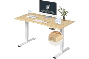 FLEXISPOT E6 Bamboo 3 Stages Dual Motor 55x28 Inch Electric Height Adjustable Standing Whole-Piece Board Desk Sit Stand Up Desk (White Frame + Bamboo Curved Desktop)