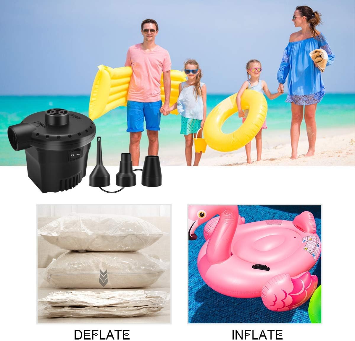 BLUELF Air Pump for Inflatables Air Mattress Pump Portable Quick Electric air Pump for Swimming Ring, Paddling Pool, Airbed or Inflatable Toys with 3 Nozzles AC 110V 130W: Sports & Outdoors