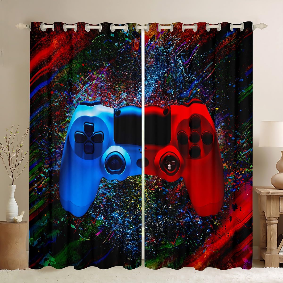 Teens Gamer Window Curtains for Bedroom Living Room Gaming Curtains Colorful Tie Dye Window Drapes for Boys Girls Kids Blue Red Video Game Gamepad Window Treatments W66*L72