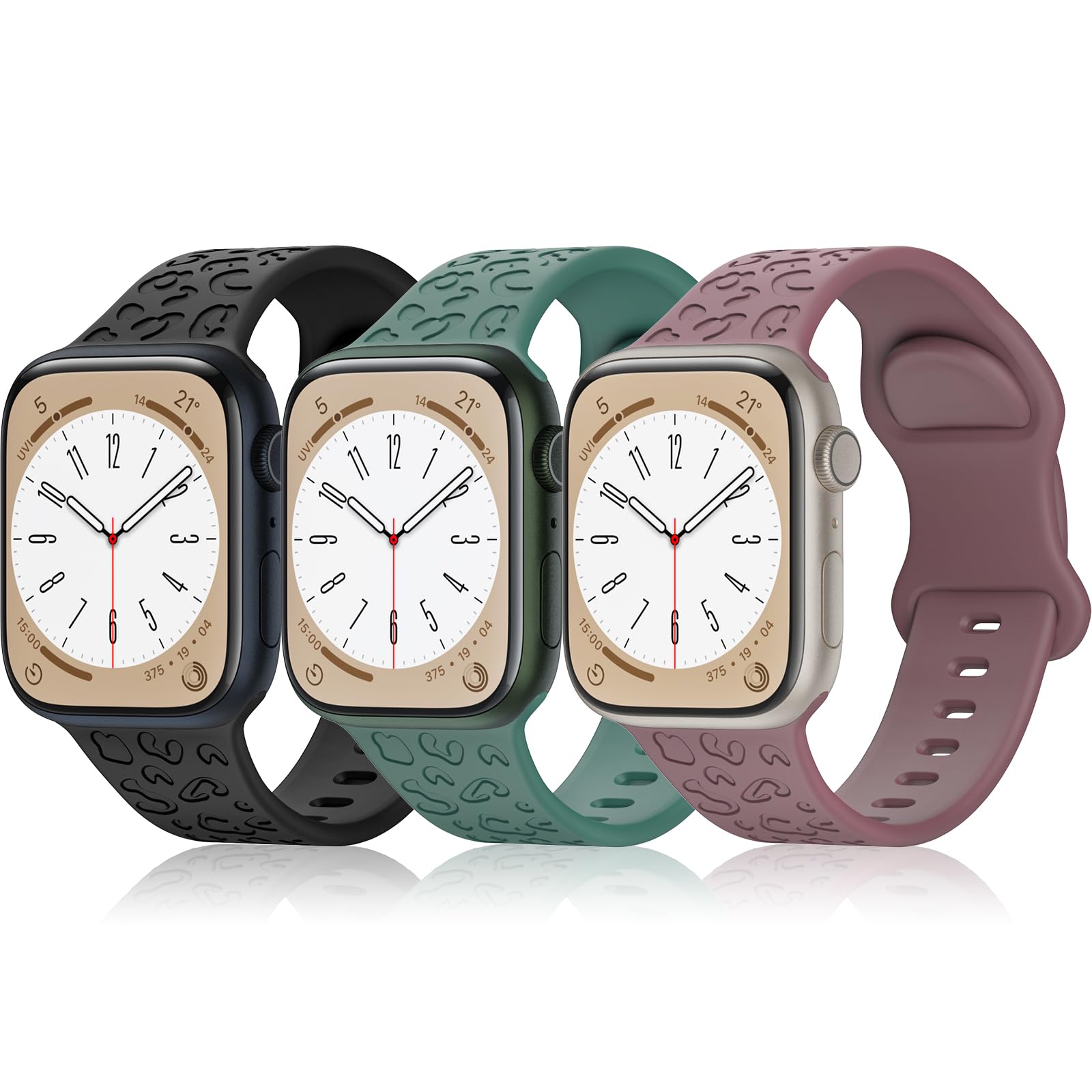 Tuocal 3 Pack Silicone Strap Compatible with Apple Watch Strap 40mm 38mm 41mm Women Men, Leopard Print Soft Sport Replacement Watchbands for iWatch Series 9 8 7 6 5 4 3 2 1 SE, Black Green Purple