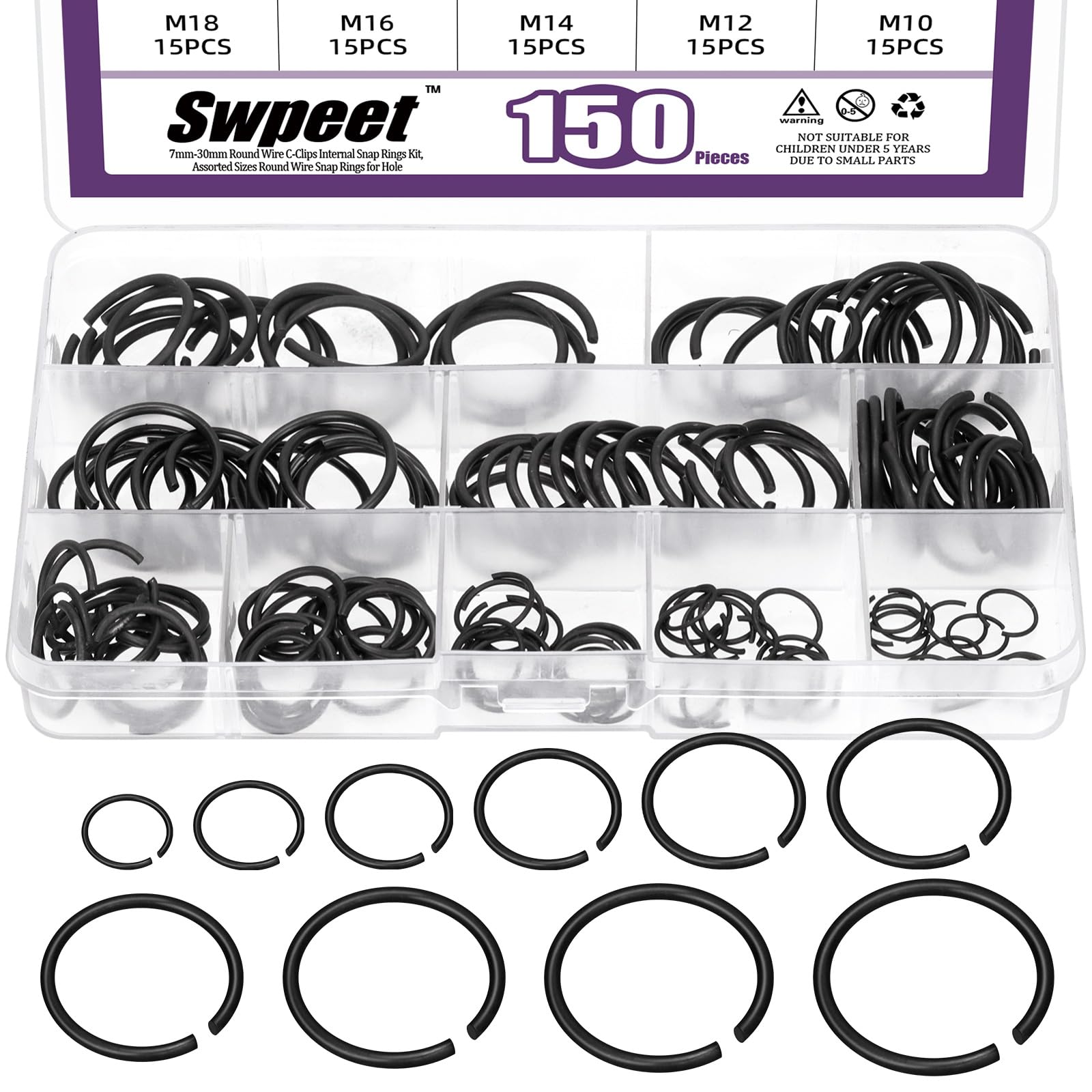 Swpeet 150Pcs 10 Sizes 10mm-26mm Carbon Spring Steel Manganese Steel Round Wire C-Clips External Snap Ring Assortment Kit, M10 M12 M14 M16 M18 M20 M22 M20 M24 M25 M26 Round Wire Snap Rings for Shaft