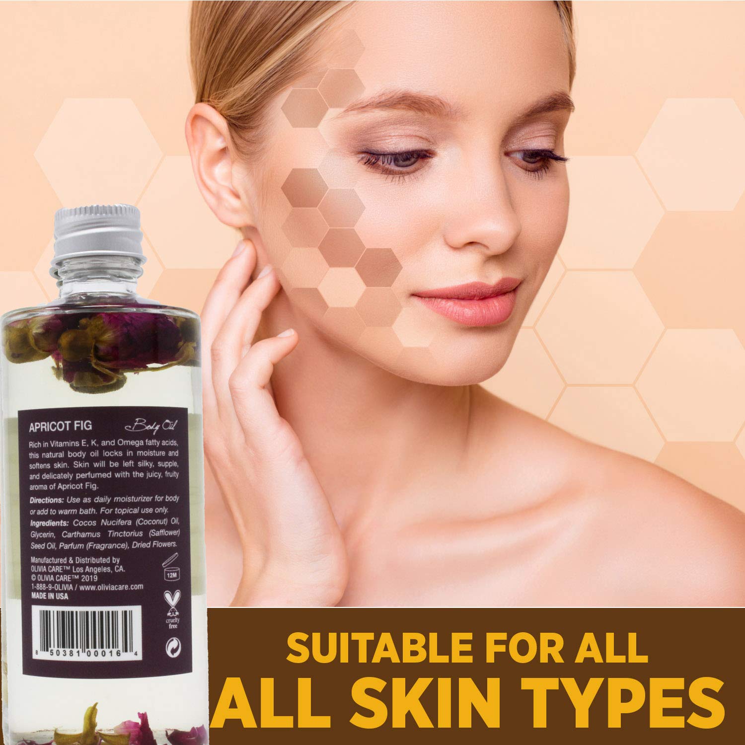 Apricot Fig Body Oil By Olivia Care - Vegan & Natural | Hydrating & Moisturizing - Infused with VITAMIN E, K & Omega Fatty Acids - Refreshing Fragrance - Reduce Dry Skin, Anti-Aging Properties - 4 OZ : Beauty