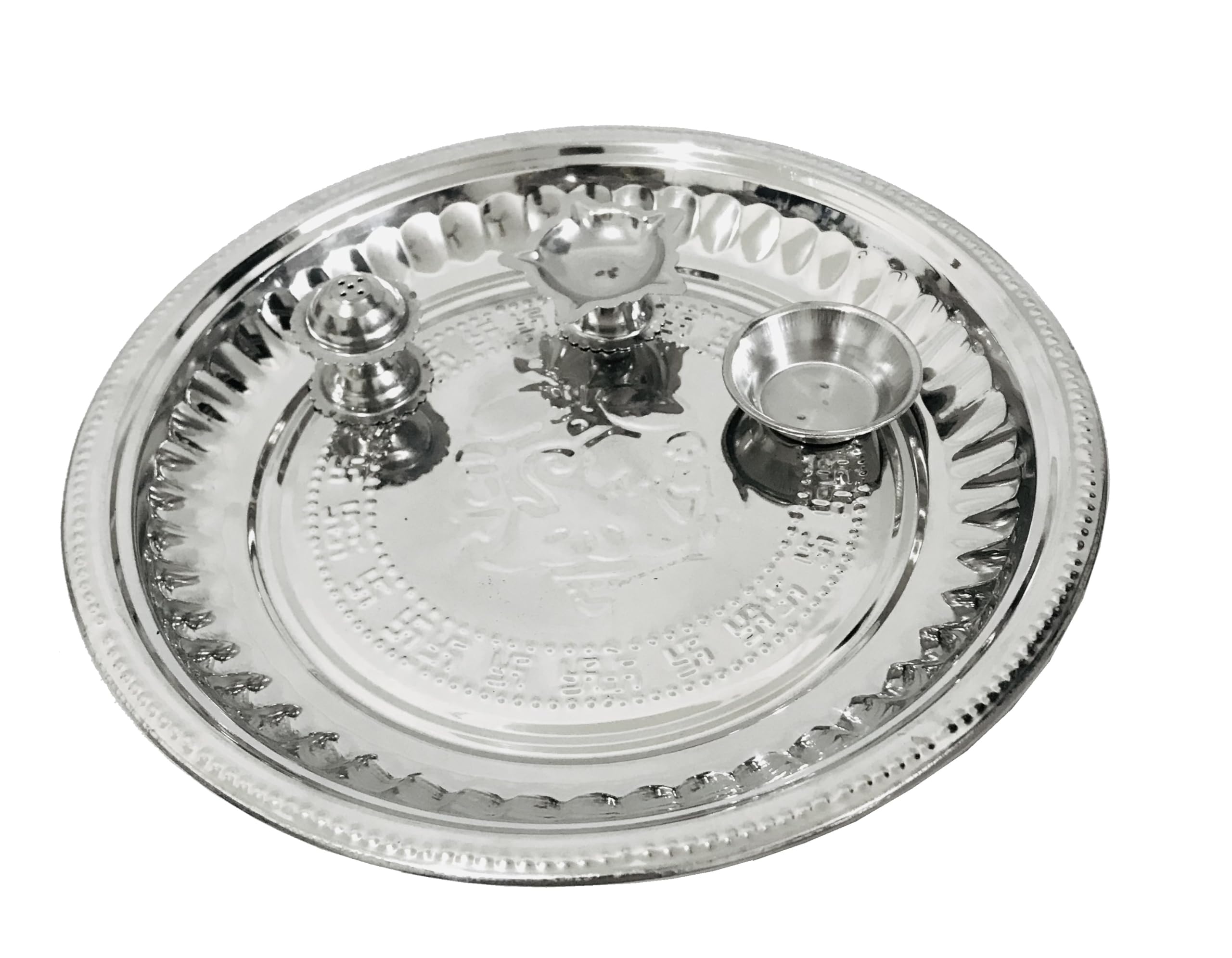 Gavya International Stainless Steel Pooja Thali, 9.5 inch, Ganpati & Swastik Engraved, Home Temple Mandir, Diwali Pooja Thali, Karwa Chauth Plate