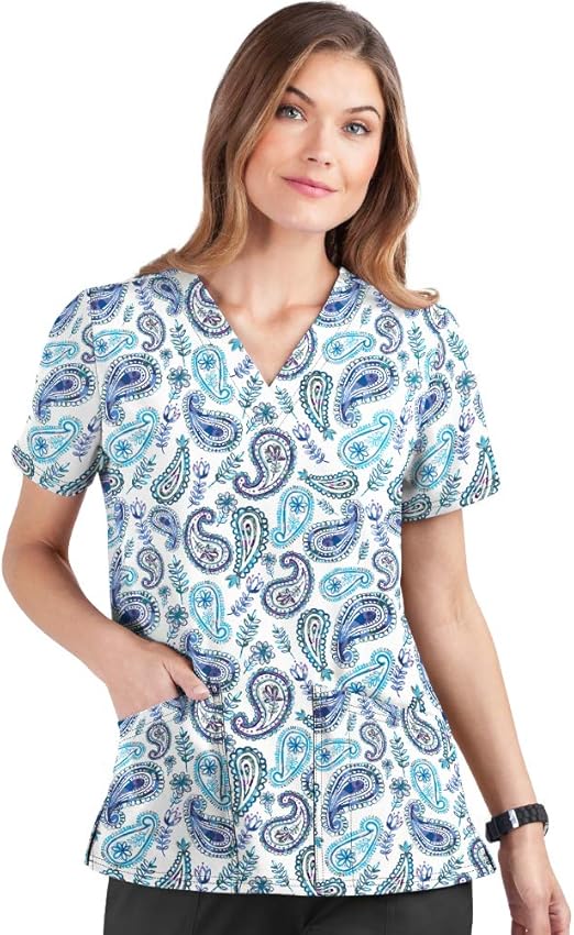 Strictly Scrubs Women's Stretch Paisley Wisp Print Scrub Top (XS3X) VNeck