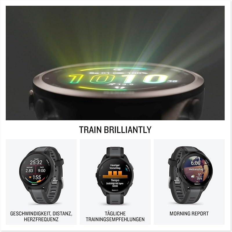 Forerunner 165 43mm - Lauf-Smartwatch, 1,2" AMOLED Touchscreen, bis zu 11 Tage Akkulaufzeit, 25+ Sport-Apps, Trainingsempfehlungen, Gesundheitsdaten, smarten Funktionen