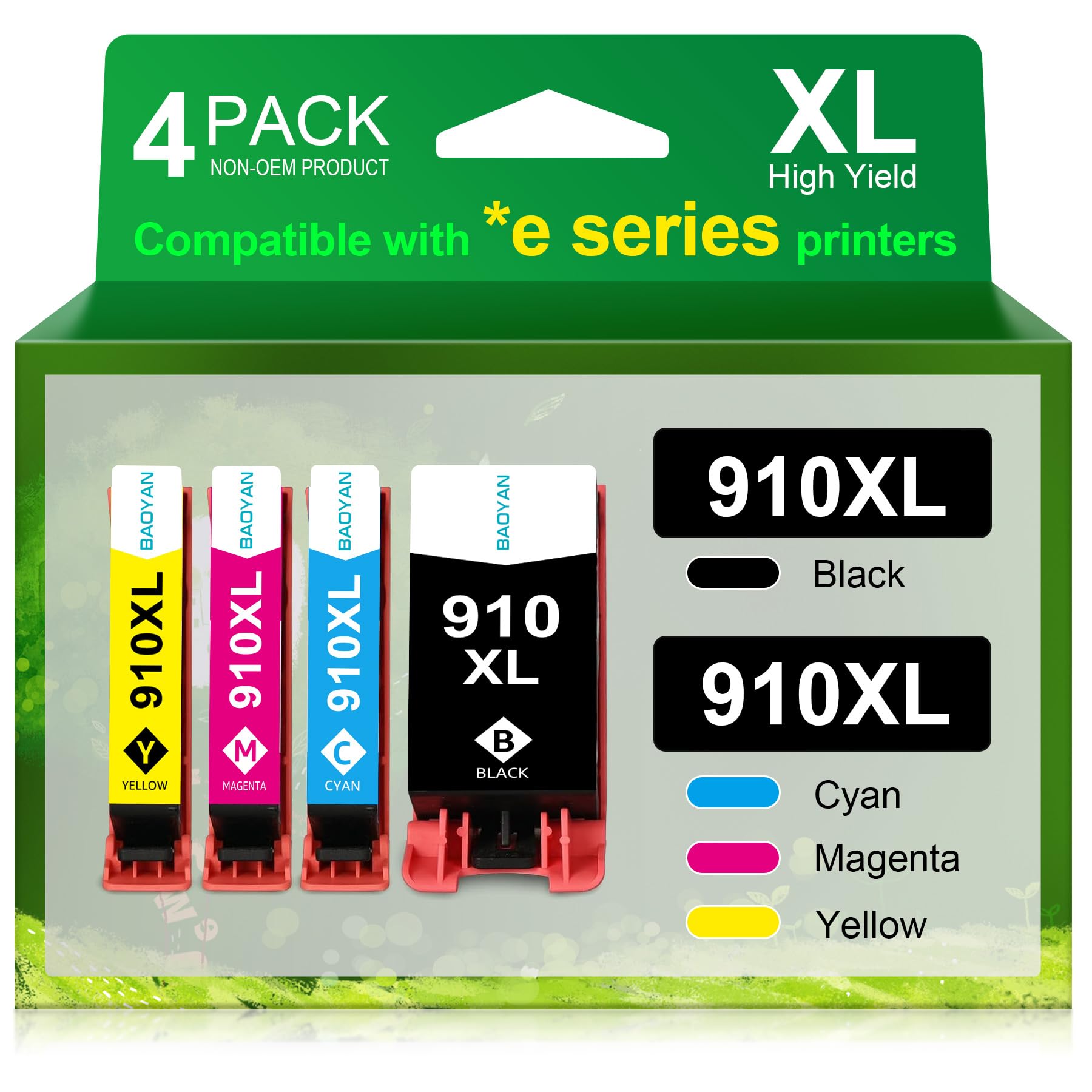 Photo 1 of BAOYAN 910XL Ink Cartridges Replacement for HP 910XL Ink Cartridges Combo Pack with HP OfficeJet Pro 8025e 8015e 8028e 8022e 8035e 8010e 8025 8035 8020 8022 Printer (Black, Cyan, Magenta, Yellow)