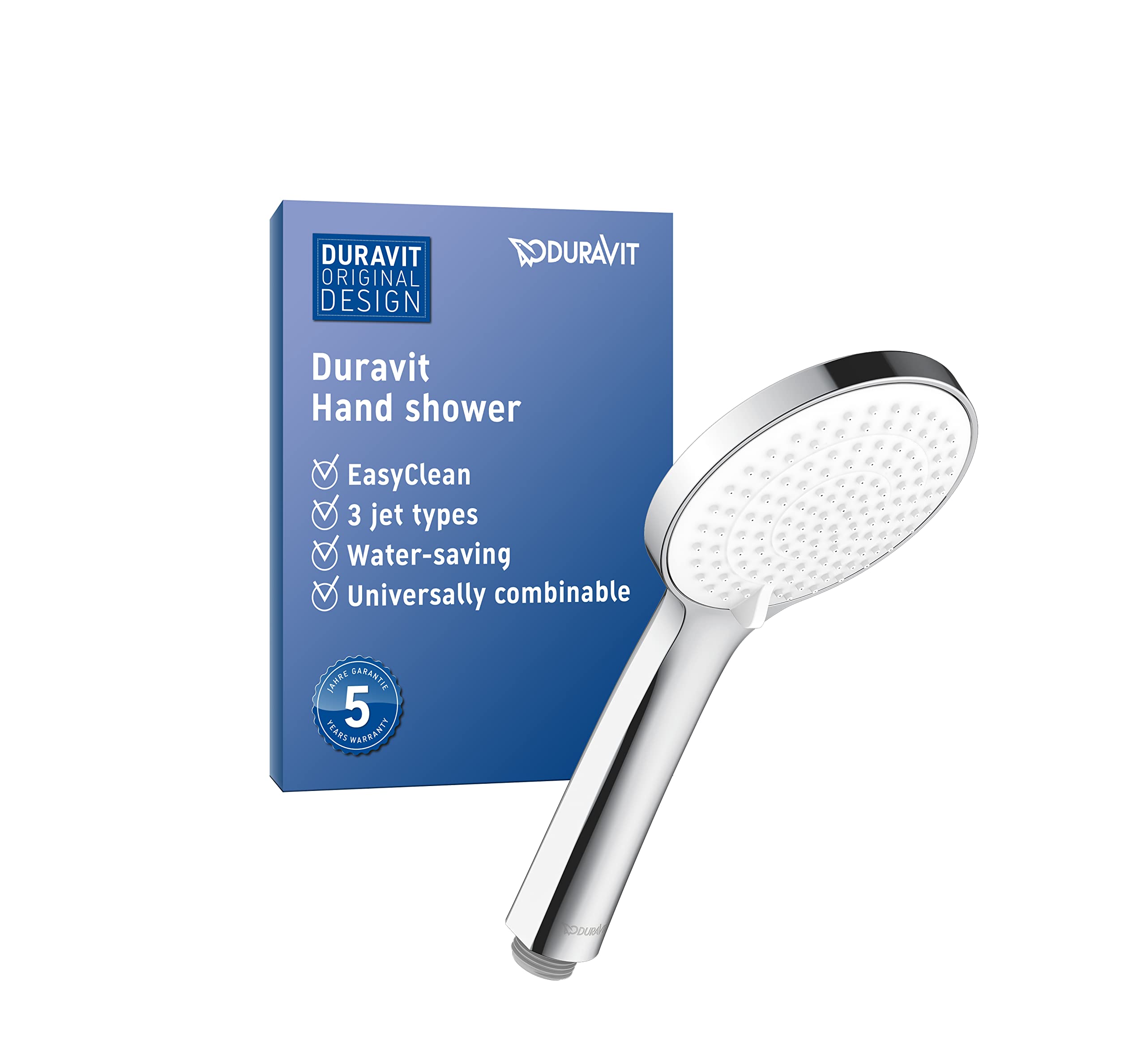 Duravit Universal Shower Head with 3 Jet Types (Rain, Intense Rain, Soft Rain), Round Hand Shower (Diameter 110 mm), with Water-Saving MinusFlow Function, Easy to Clean, Chrome/White