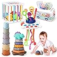 5 in 1 Baby Montessori Toys Set Include Shape Sorter Bin with Sound, Baby Tissue Box, Stacking Cups, Pull String Toy, Soft Stacking Rings, Sensory Toys for Infants Toddlers