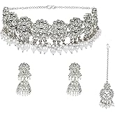 Efulgenz Indian Jewelry Sets for Women Crystal Kundan Choker Faux Pearl Necklace Jhumka Earrings Maang Tikka Head Chain Bollywood Wedding Bridal Jewellery for Women