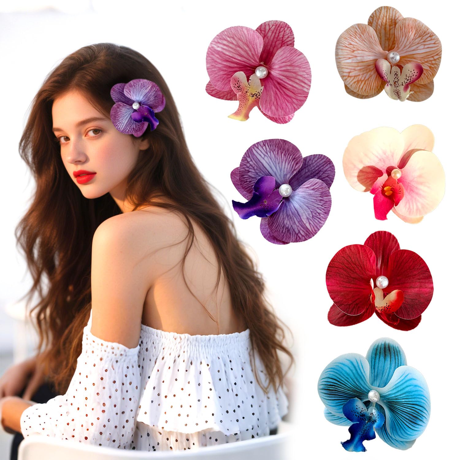 Photo 1 of 6 Pcs Artificial Flower Hair Clip,Roses Hair Clip,Hairpin for Seaside Holiday,Flower Hair Clips for Women Girls (orchid clips)