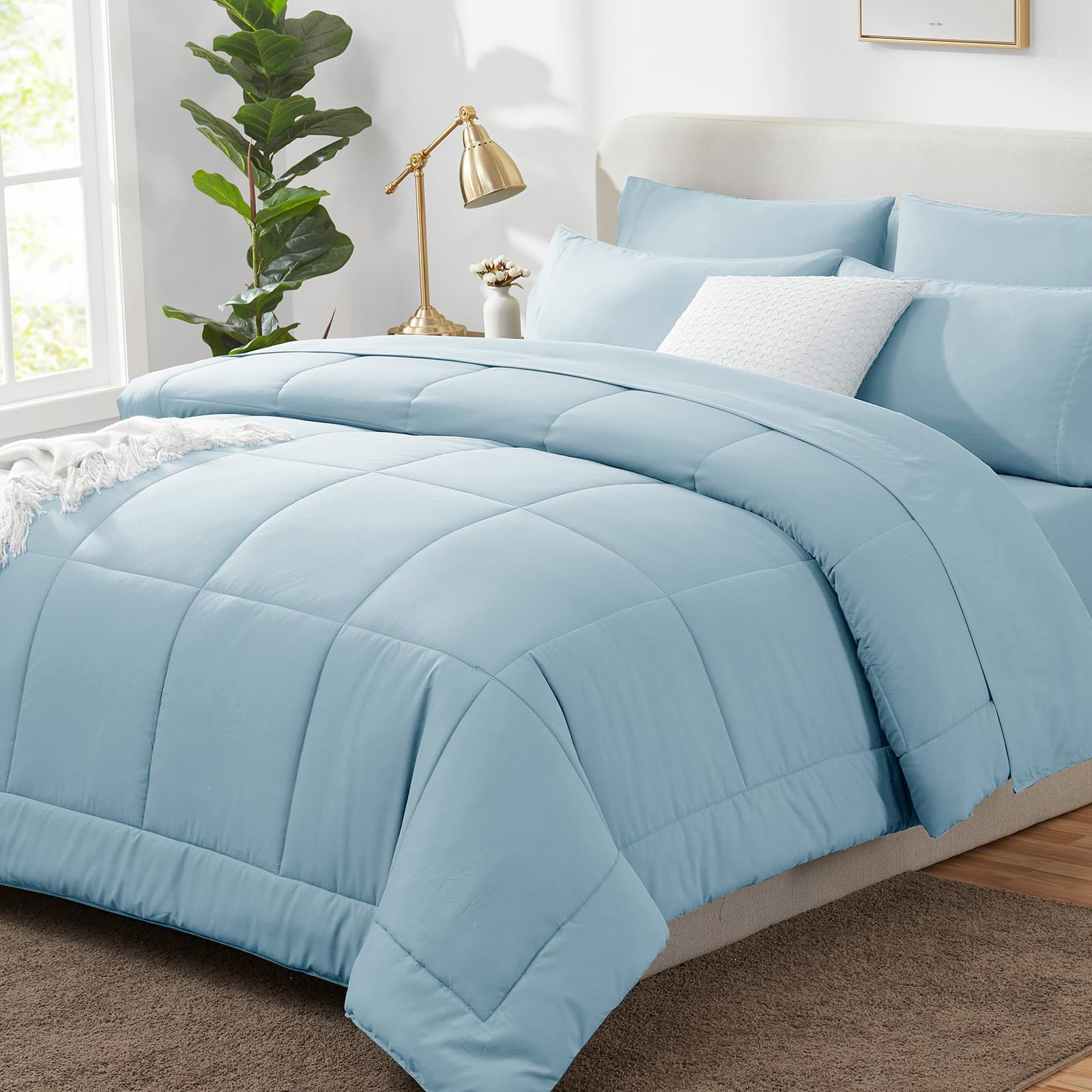 Photo 1 of CozyLux Twin XL Comforter Set Light Blue, 5 Pieces Twin Extra Long Bed in a Bag for College Dorm, All Season Bedding Set with Stitch Quilted Comforter, Flat Sheet, Fitted Sheet, Pillowcases