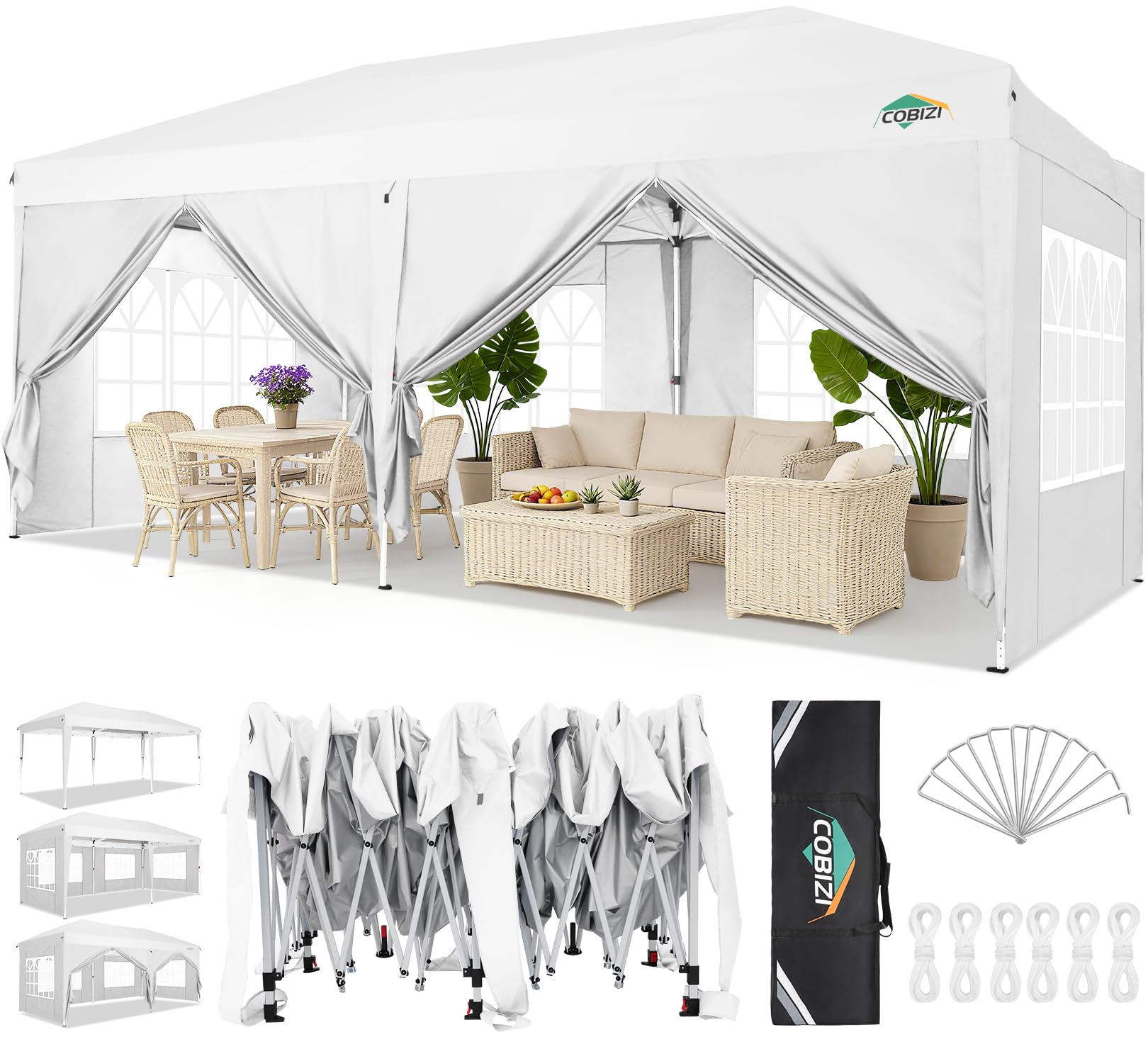 Photo 1 of ****Missing parts*******Missing parts*****COBIZI Canopy 10x20 Pop Up Canopy Tent with 6 Sidewalls Party Tents for Parties Weddings Backyard Waterproof Outdoor Commercial Event Tent with Stakes, Ropes, White