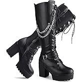 SeiteHuud Ladies' Boots Women Fashion Platform Block Heels Knee High Boots Lace up