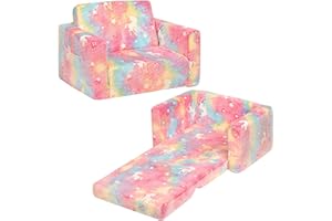ALIMORDEN 2-in-1 Flip Out Cuddly Sherpa Toddler Couch, Convertible Sofa to Lounger,Glow-in-The-Dark Unicorn Pattern