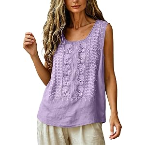 Tank Tops for Women Summer Embroidered Cotton Lightweight Cute Crew Neck Boho Sleeveless Tops Dressy Vintage Tshirts