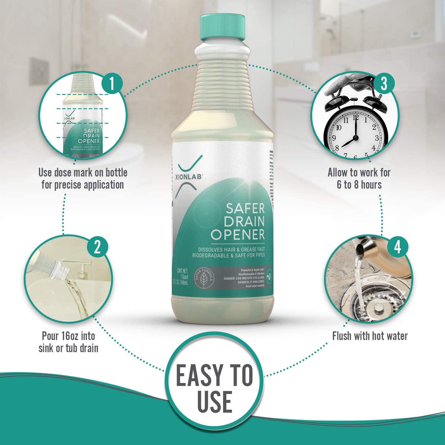 XIONLAB Safer Drain Clog Remover – Industrial-Strength Liquid Drain Cleaner for Hair & Grease – Septic Safe, Odorless, Biodegradable for Bathroom Sink, Bath Tub, Shower Drain – 32 oz: Home & Kitchen