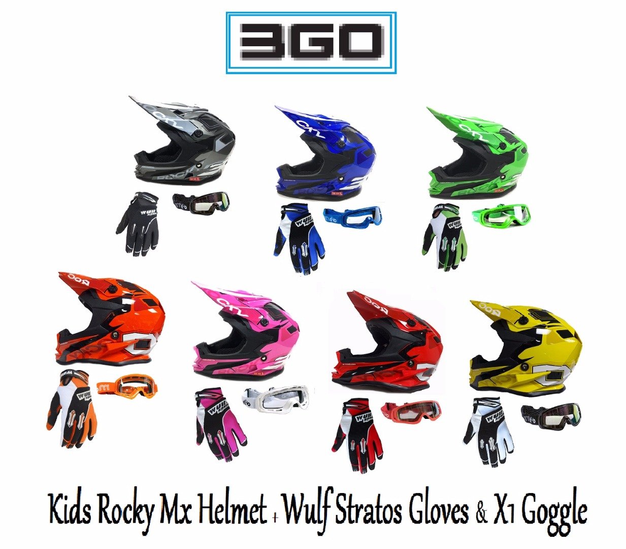 3GO XK188 ROCKY KIDS RACE MX HELMET & Kids Enduro Off Road MTB BMX Enduro Sports Junior Wulf Stratos Gloves + Moto X1 Goggles