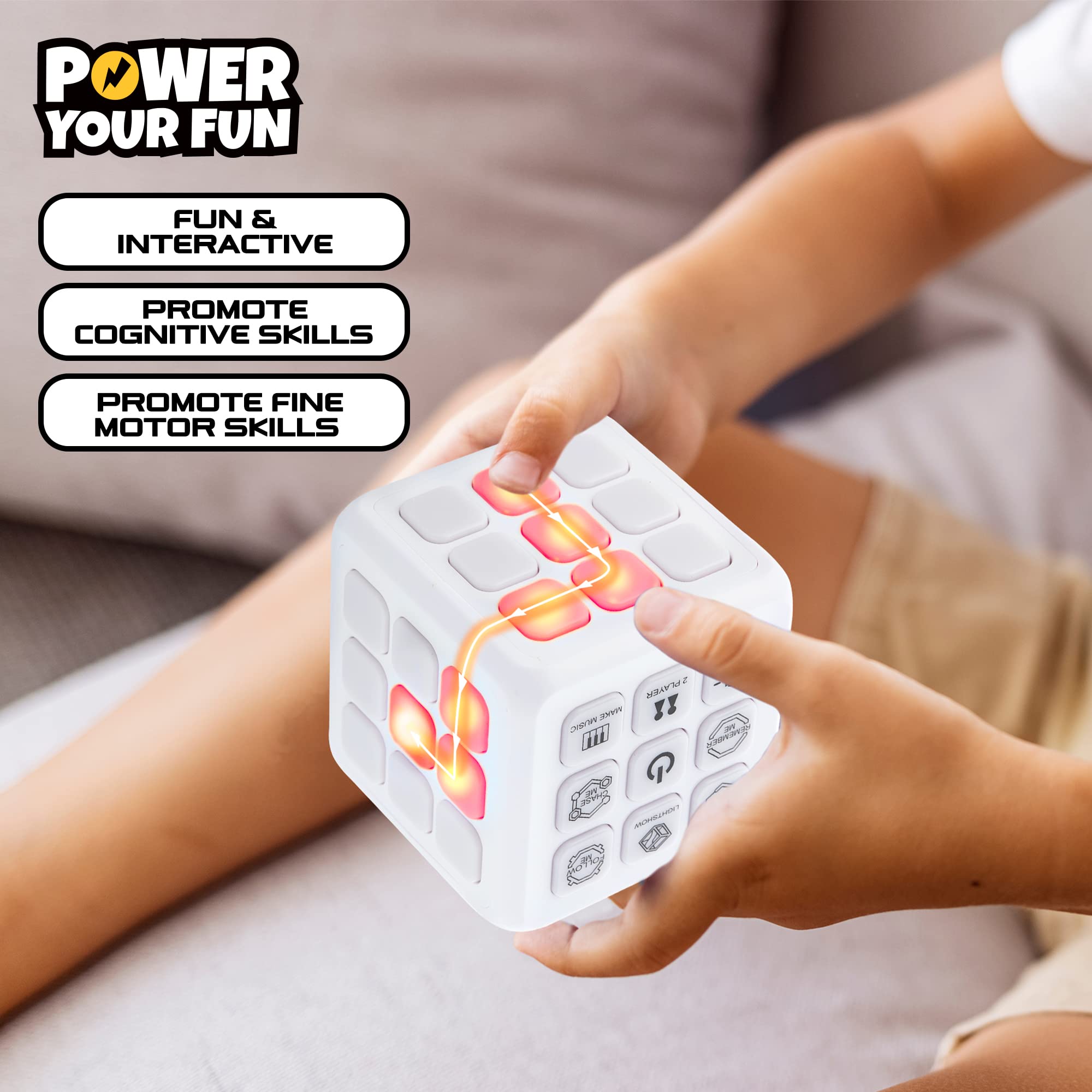 Power Your Fun Cubik LED Flashing Cube Memory Game - Electronic Handheld Game, 5 Brain Memory Games for Kids STEM Sensory Toy Brain Play 3D Puzzle Fidget Light Up Cube Stress Relief Fidget Toy (White)