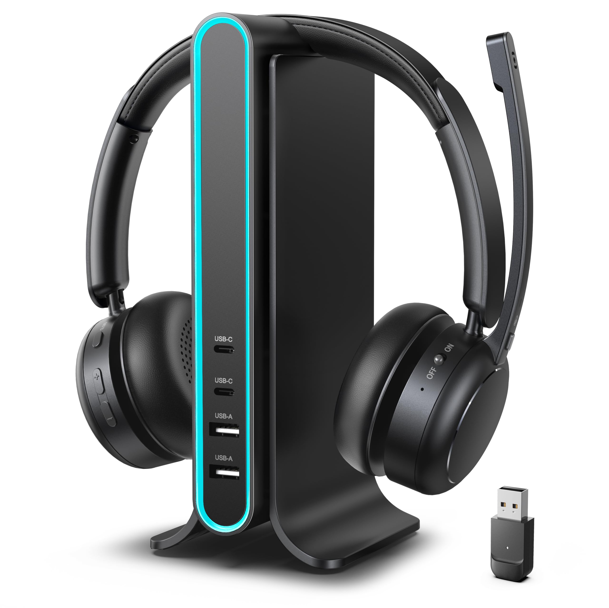 Photo 1 of Bluetooth Headset, Wireless Headset with Mic for Work, Qualcomm Chipeset Dongle, V5.4 Headsets with Microphone for Work, Wireless Noise Cancelling Headphones Busy/Mute Light for PC Computer Office WFH