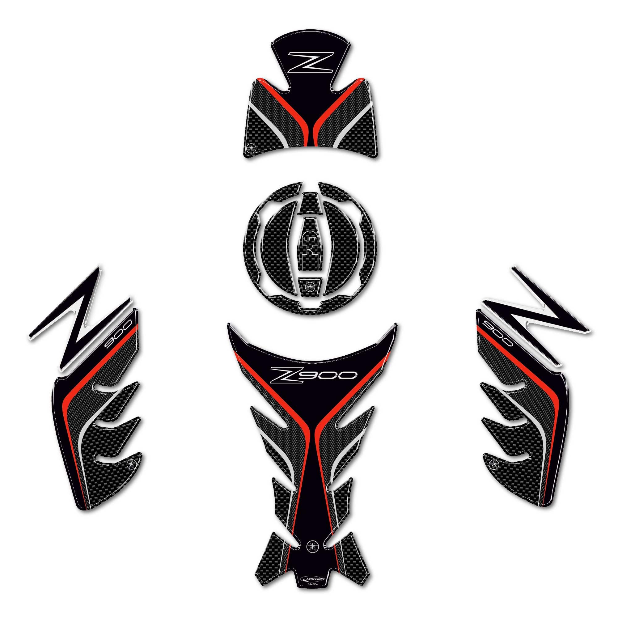 labelbike - 3D Stickers Motorcycle Kit Protection and Decoration in Resin compatible with Kawasaki Z900 - Carbon Grey Red Color