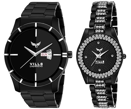 VL-1114+7004 Black Combo of Two Stunning Couple Watches for Men and Women
