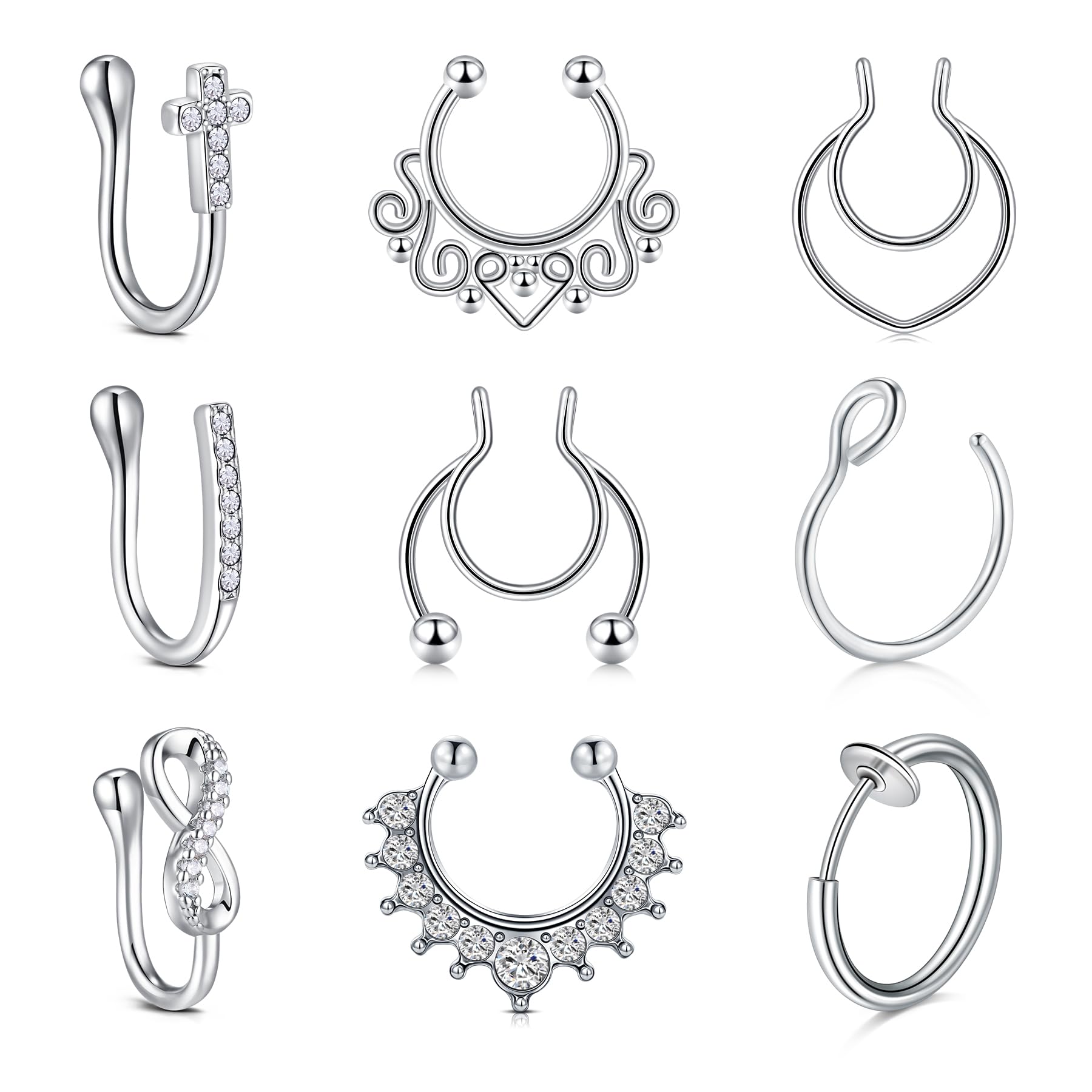 D.Bella 9Pcs Fake Septum Nose Hoop Rings Stainless Steel Faux Lip Ear Nose Septum Ring Non Piercing Clip On Nose Hoop Rings Body Piercing Jewelry
